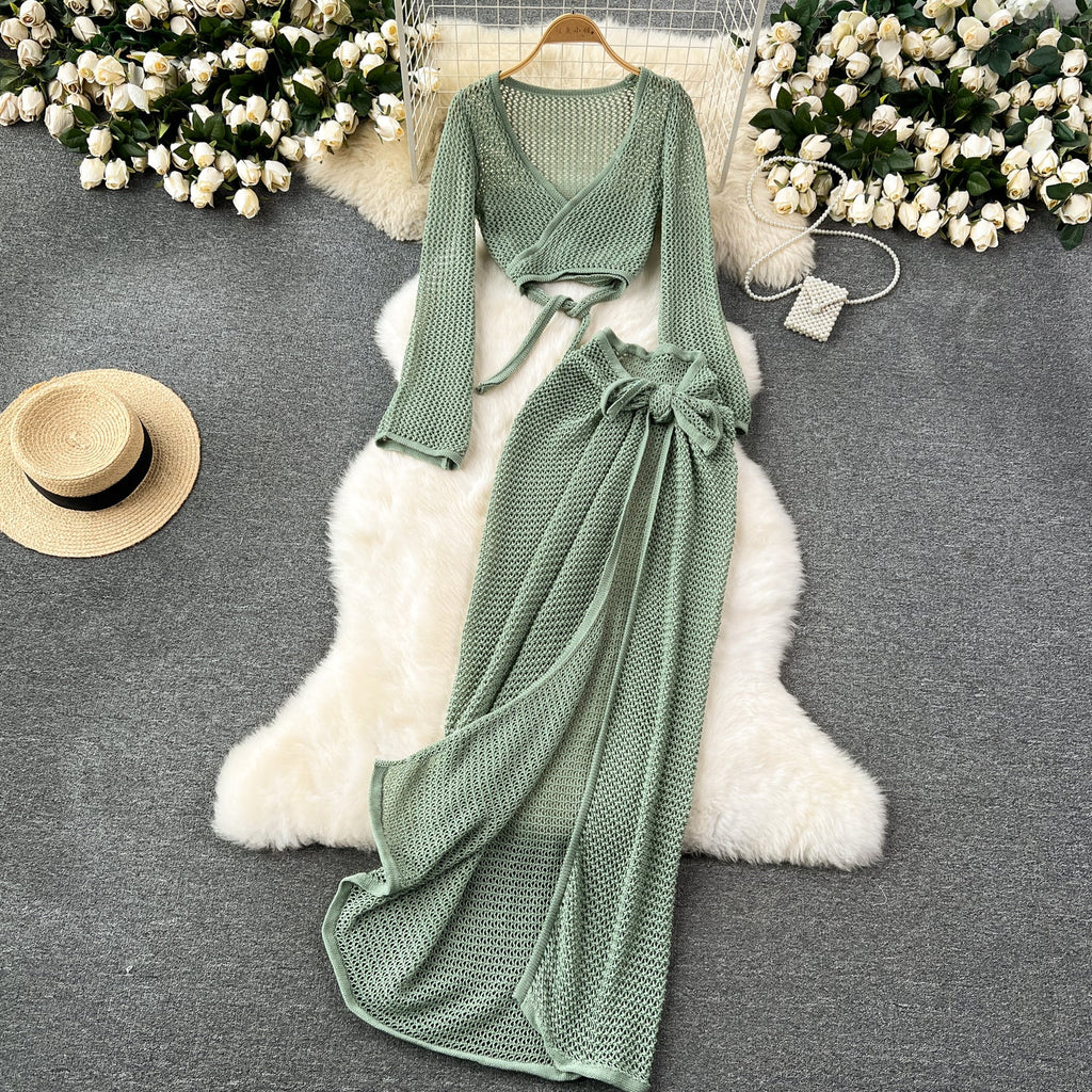 V-neck Knitwear&Skirt Hollowed 2Pcs