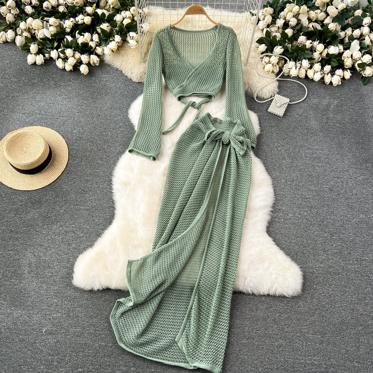 V-neck Knitwear&Skirt Hollowed 2Pcs