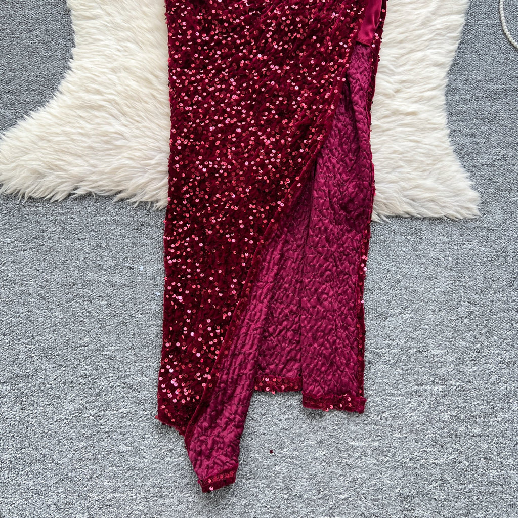 Ruffled Neckline Sequined Velvet Dress