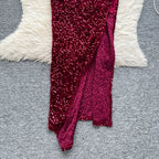 Ruffled Neckline Sequined Velvet Dress
