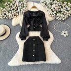 Bow Cardigan&Skirt Patchwork 2Pcs