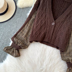 Plaid Patchwork Cardigan&White Shirt 2Pcs