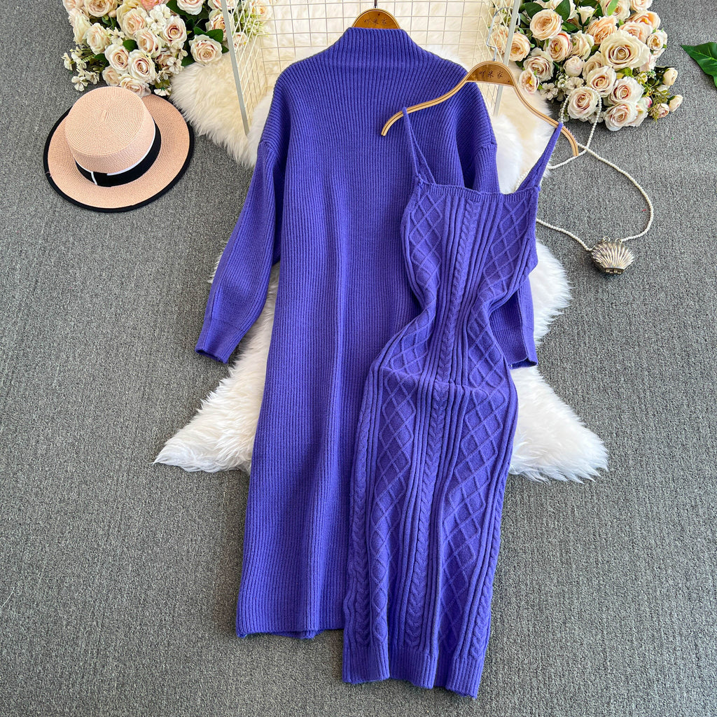 Twisted Knit Vest Dress&Cardigan 2Pcs