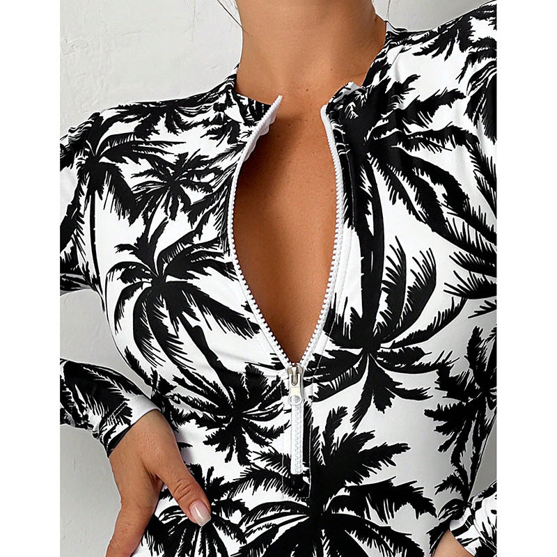 Printed Sleeve One-piece Swimsuit