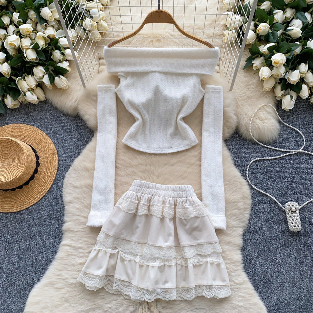 Off-shoulder Top&Ruffled Skirt 2Pcs