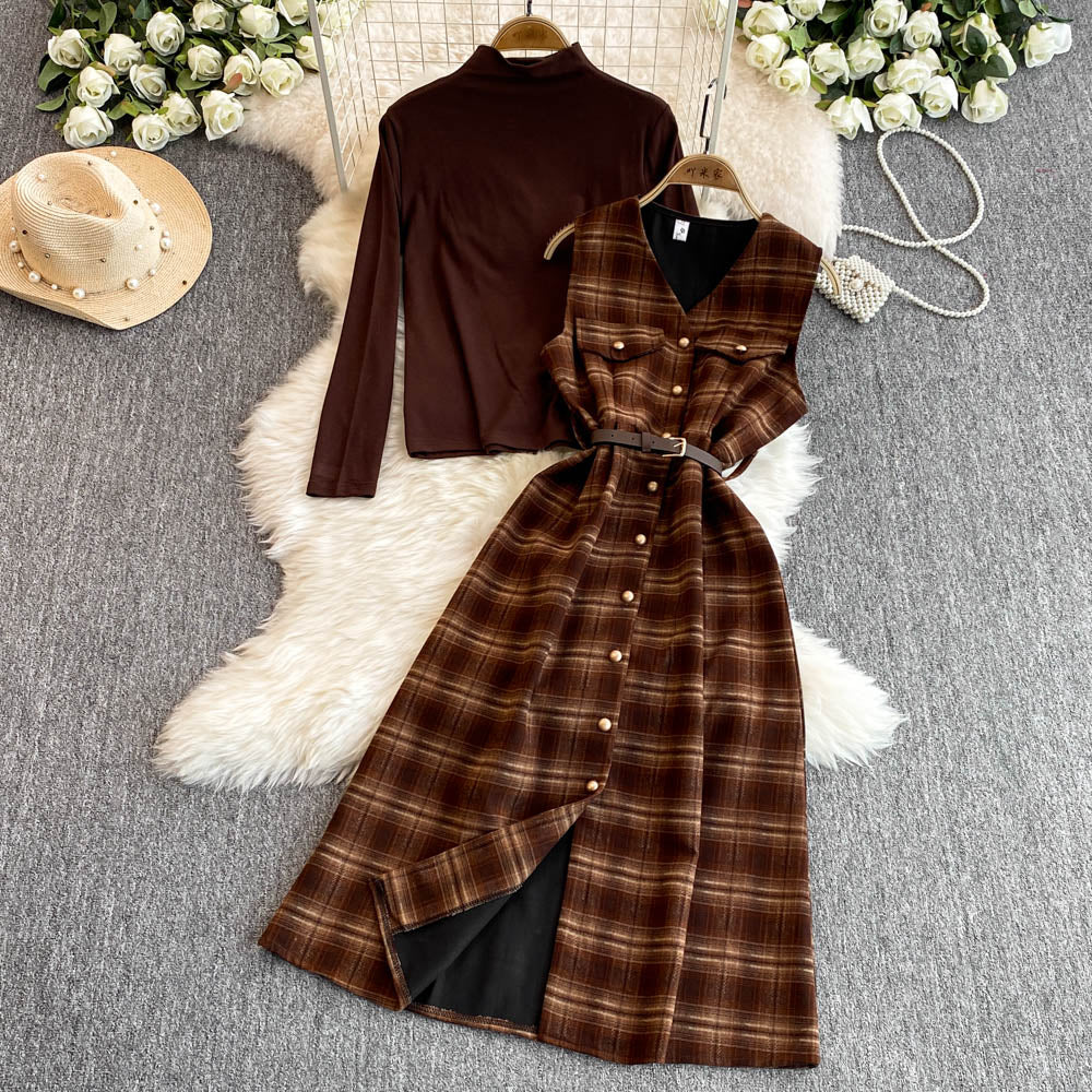 Turtleneck Sweater&Plaid Dress 2Pcs