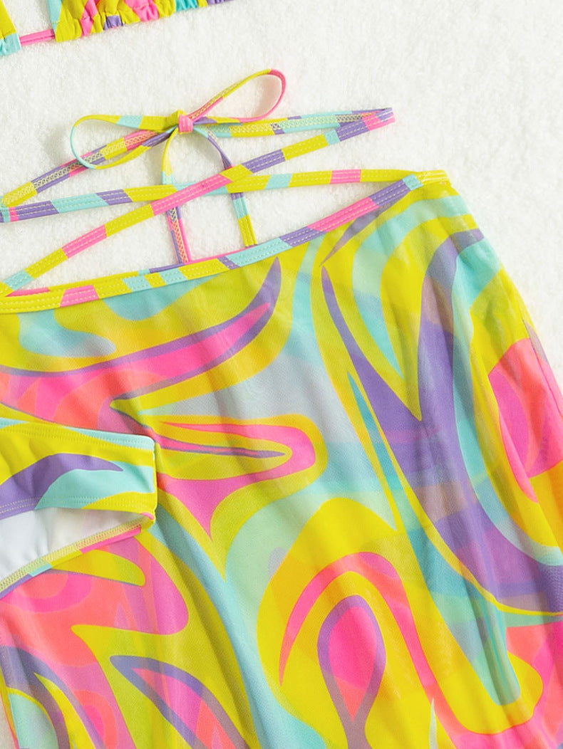 Neck Tie Striped Printed Mesh Three-piece Bikini