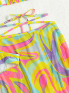 Neck Tie Striped Printed Mesh Three-piece Bikini