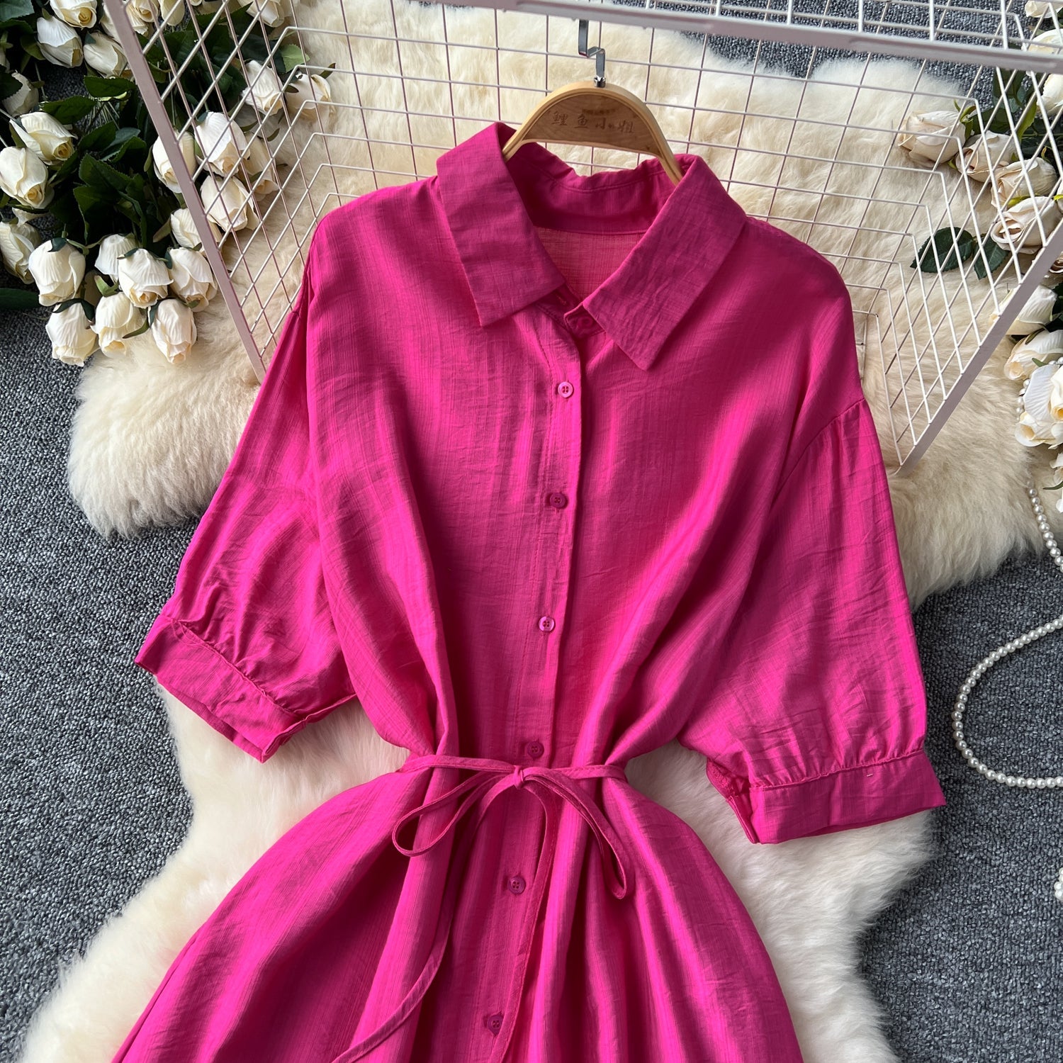 Vintage Solid Color Ruffled Shirt Dress
