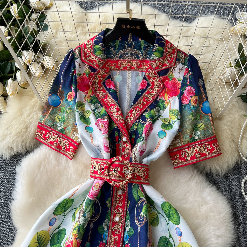 Courtly Floral Single-breasted Dress