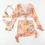 Printed Beach Skirt Bikini 4-pcs Swimsuit