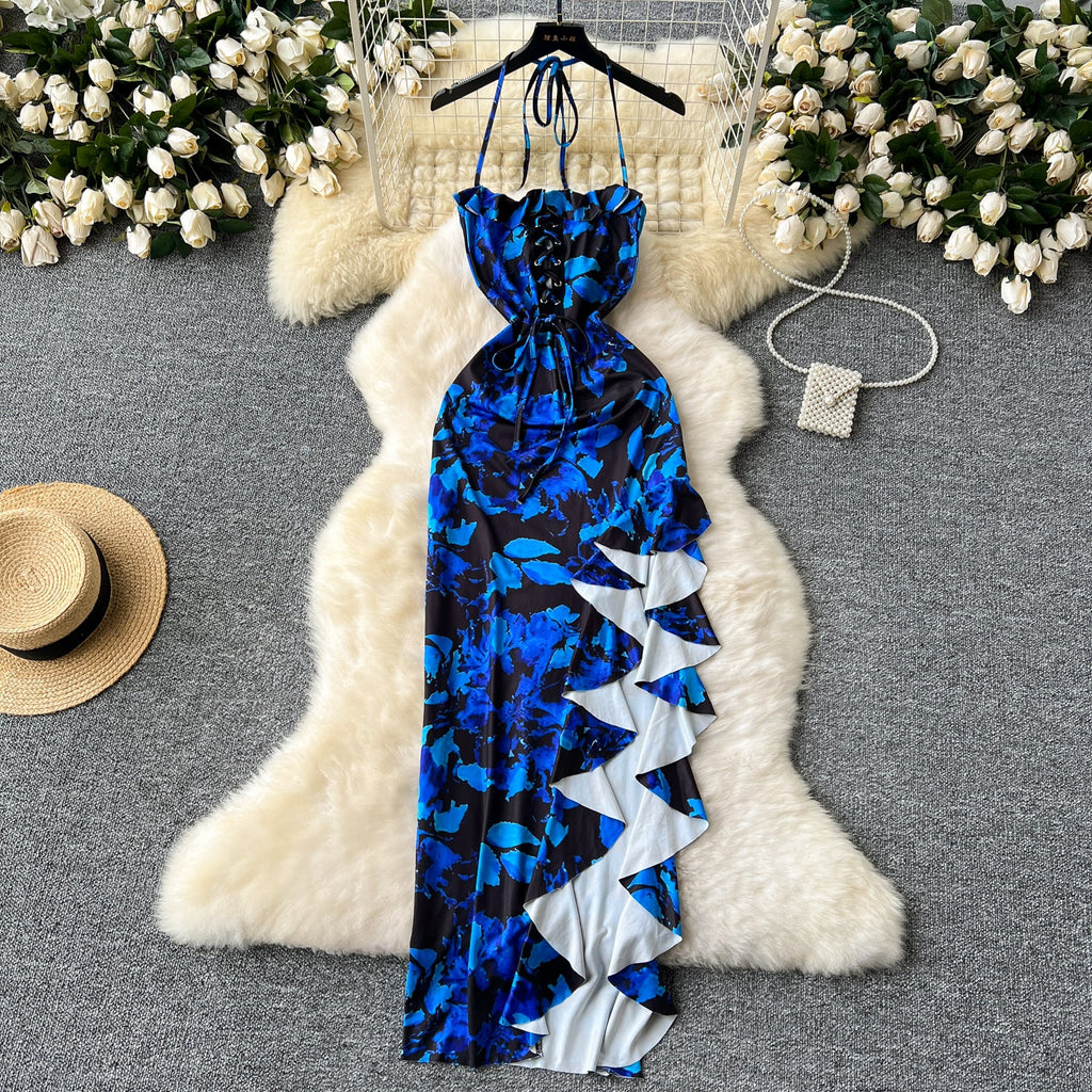Asymmetric Ruffled Printed Halter Dress