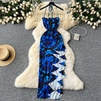 Asymmetric Ruffled Printed Halter Dress