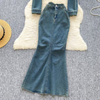 Vintage Denim Shirt & Fishtail Skirt 2Pcs