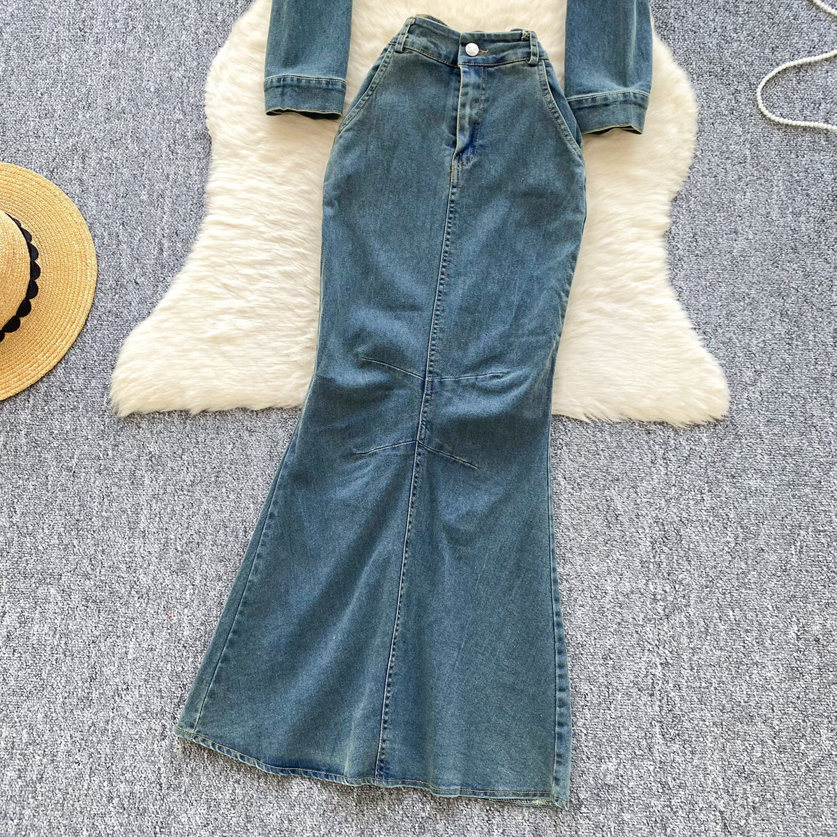 Vintage Denim Shirt & Fishtail Skirt 2Pcs
