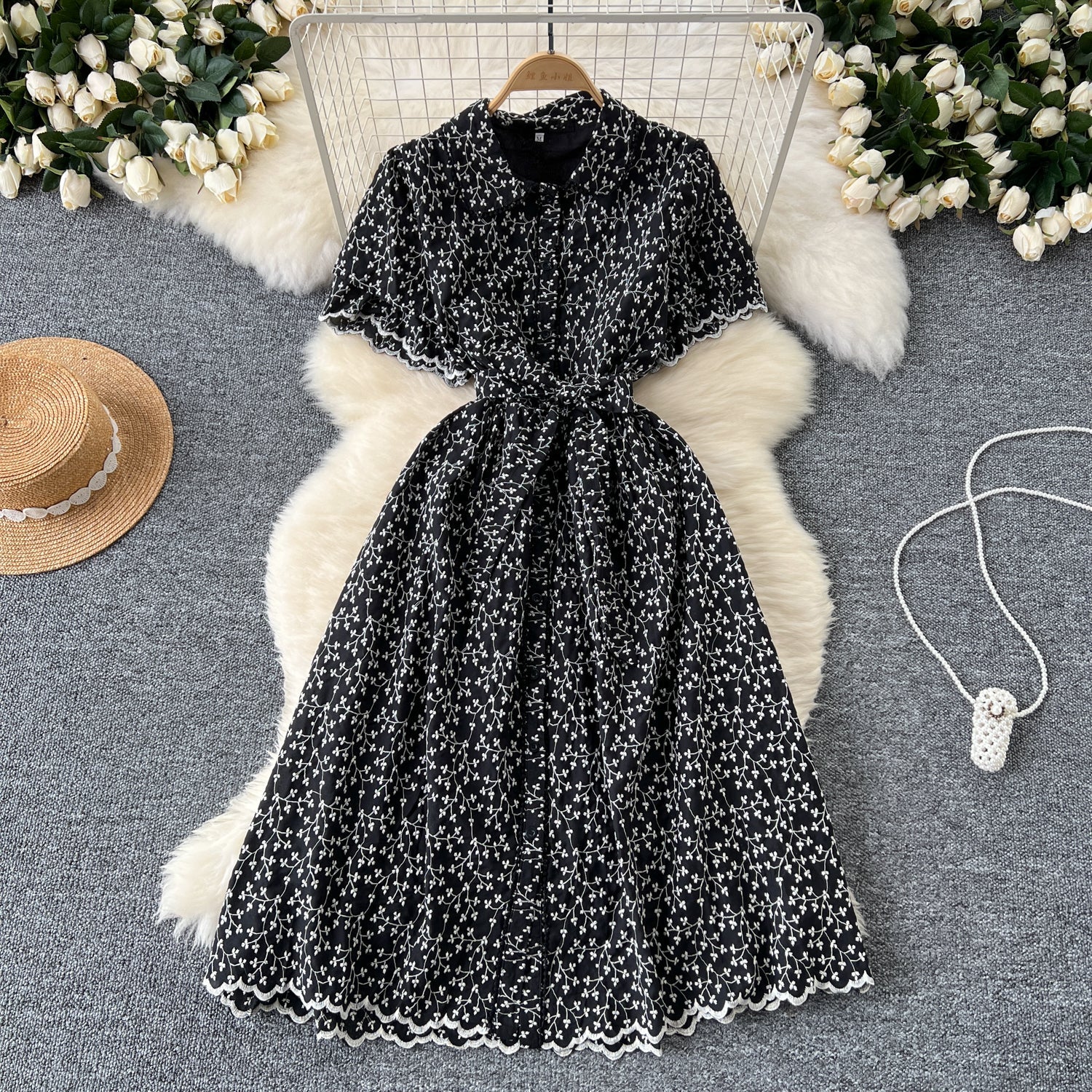 Vintage Polo Collar Embroidered Floral Dress