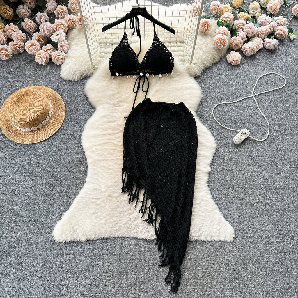 Halter Bikini&Fringed Skirt Knitted 2Pcs