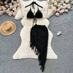 Halter Bikini&Fringed Skirt Knitted 2Pcs