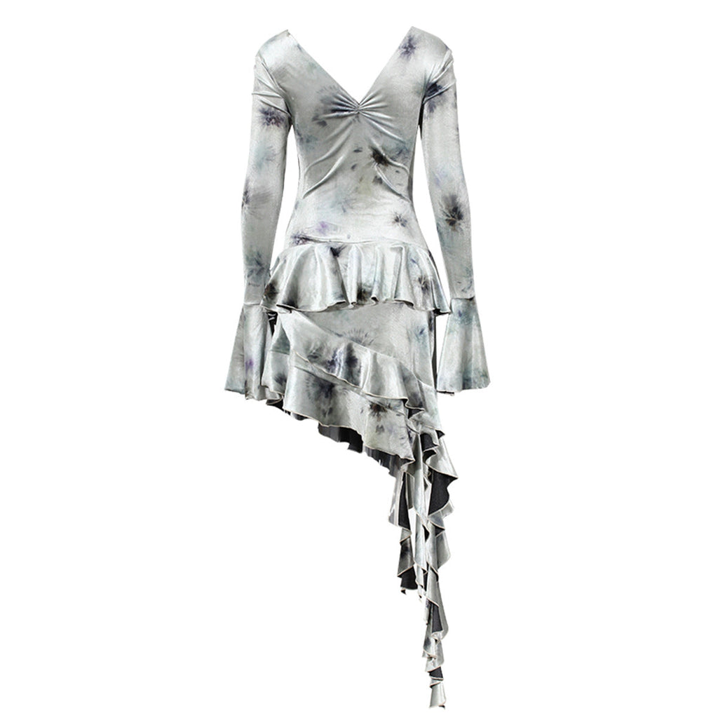 Tazeda Tie Dye Asymmetric Fringe Floral Midi Dress