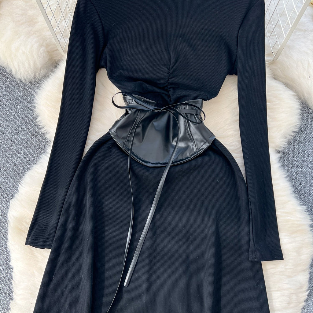 Niche Knitted Dress with PU Waistband
