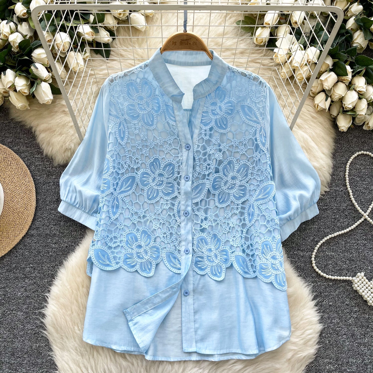 Premium Hollowed Embroidery Lace Shirt
