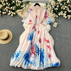 Beaded Crew Neck Printed Dress