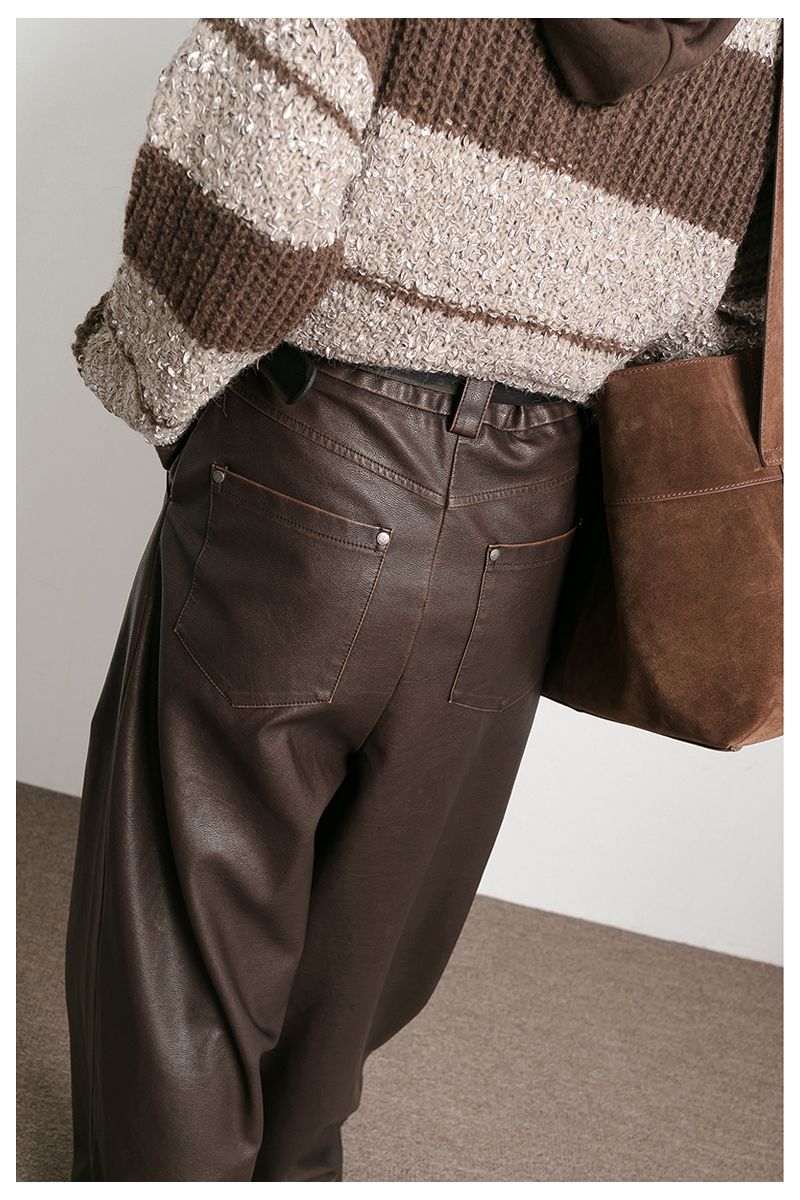 Vintage Draped Brown PU Leather Pants