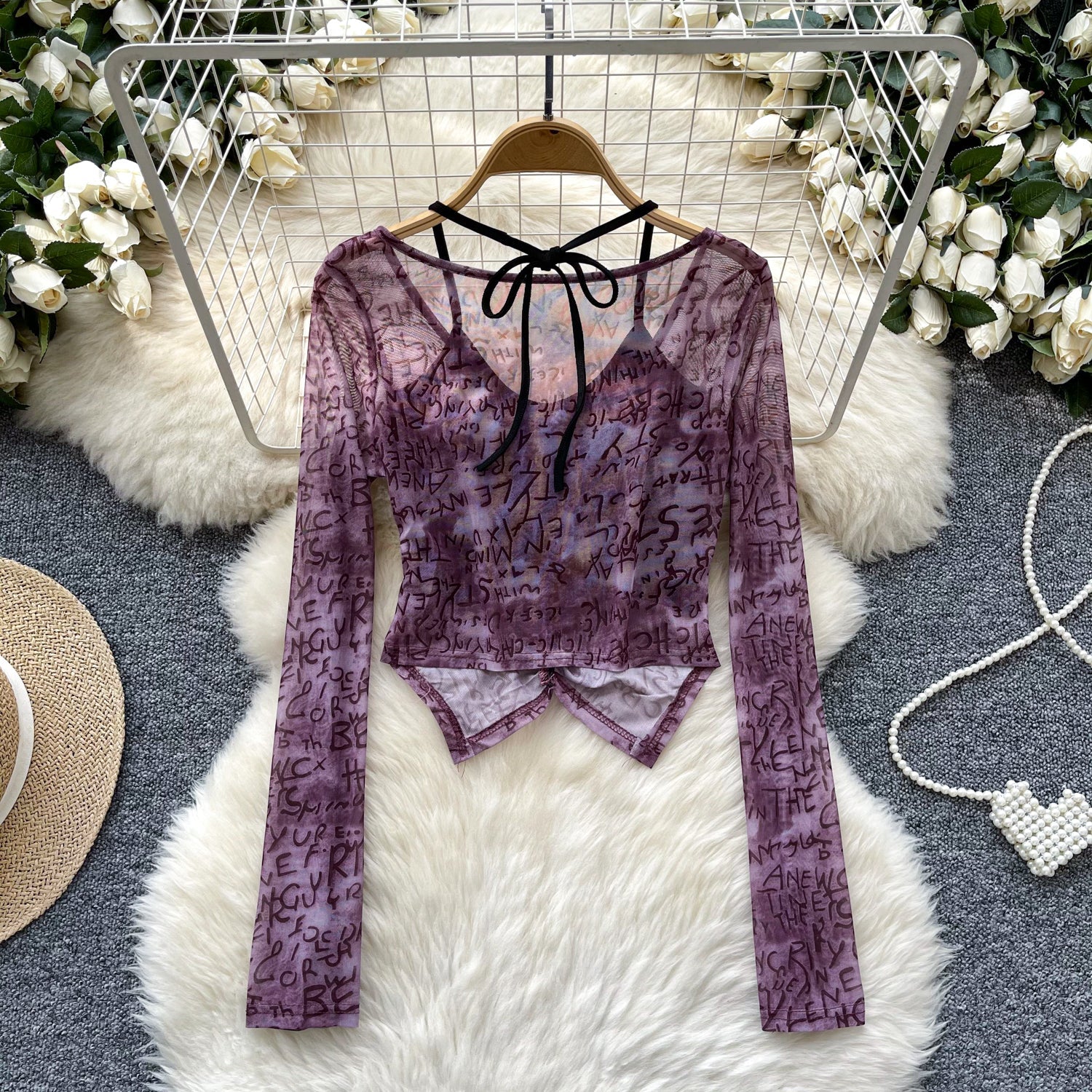 Faux Two-pieces Pleated Printed Top