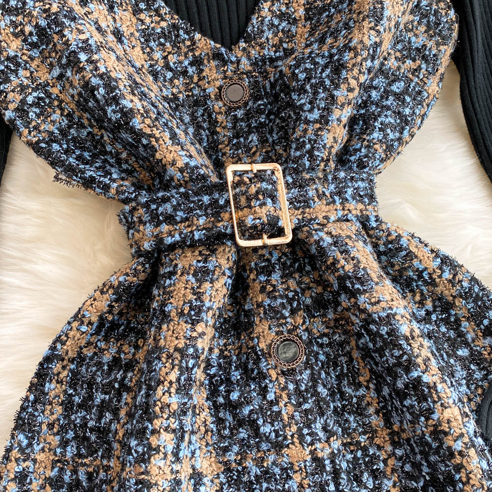 Black Sweater & Plaid Tweed Dress 2Pcs