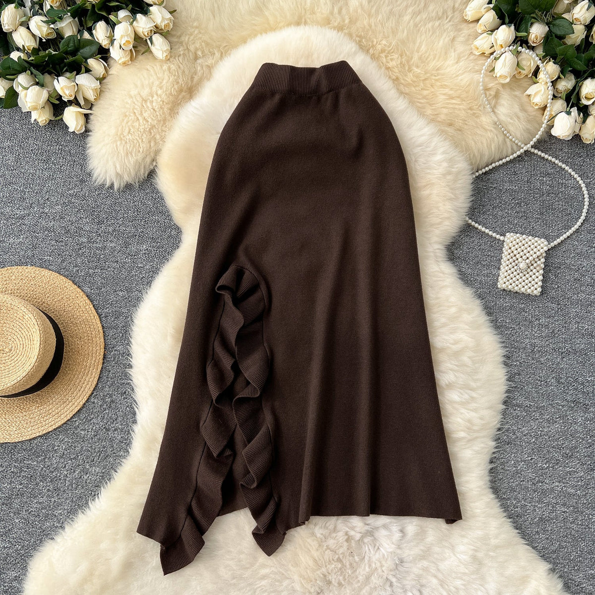 Solid Color Ruffled Knitted Skirt