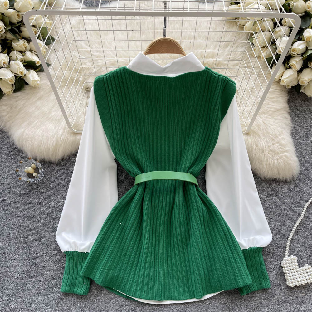 V-neck Knitted Vest&White Shirt 2Pcs