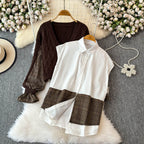 Plaid Patchwork Cardigan&White Shirt 2Pcs