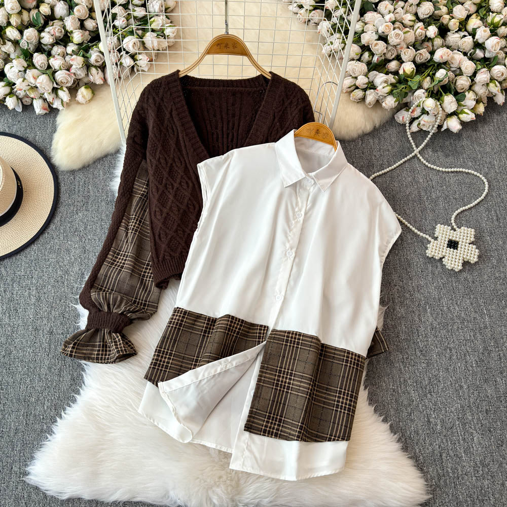 Plaid Patchwork Cardigan&White Shirt 2Pcs