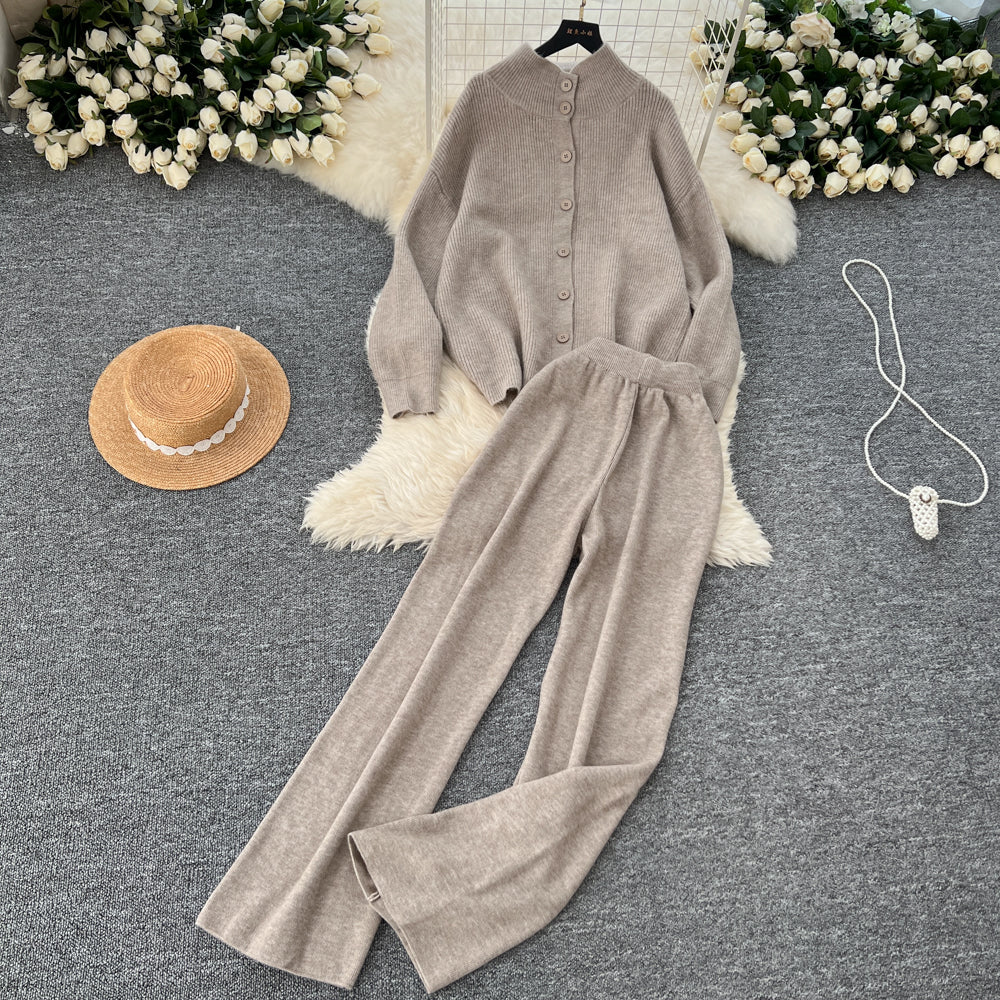 Turtleneck Cardigan&Wide-leg Trousers 2Pcs