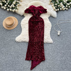 Ruffled Neckline Sequined Velvet Dress