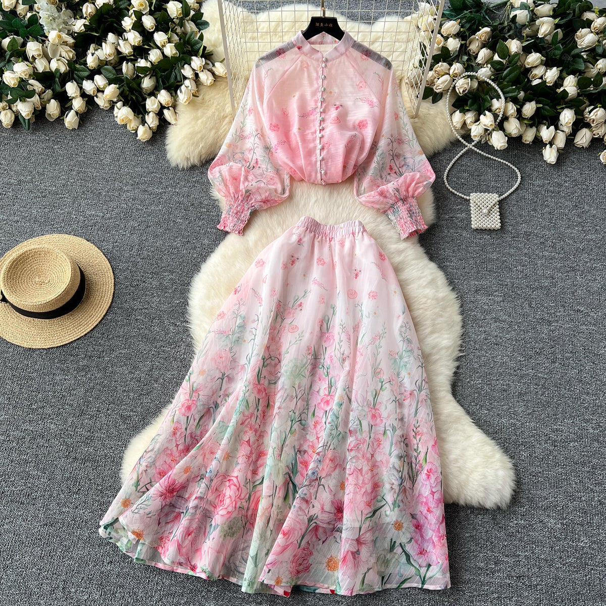 Single-breasted Top&Half-body Skirt Floral 2Pcs