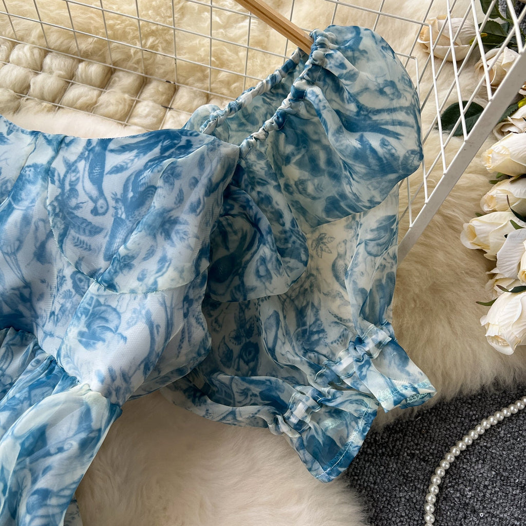 Puffy Sleeve Printed Organza Dress