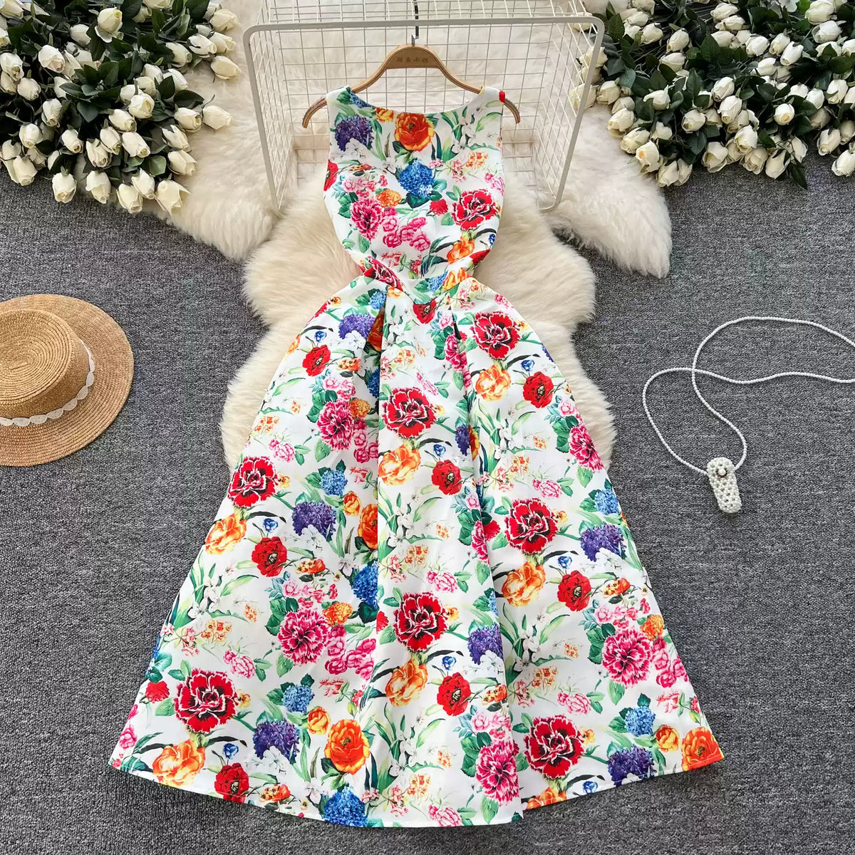 Vintage Sleeveless Floral Printed Dress
