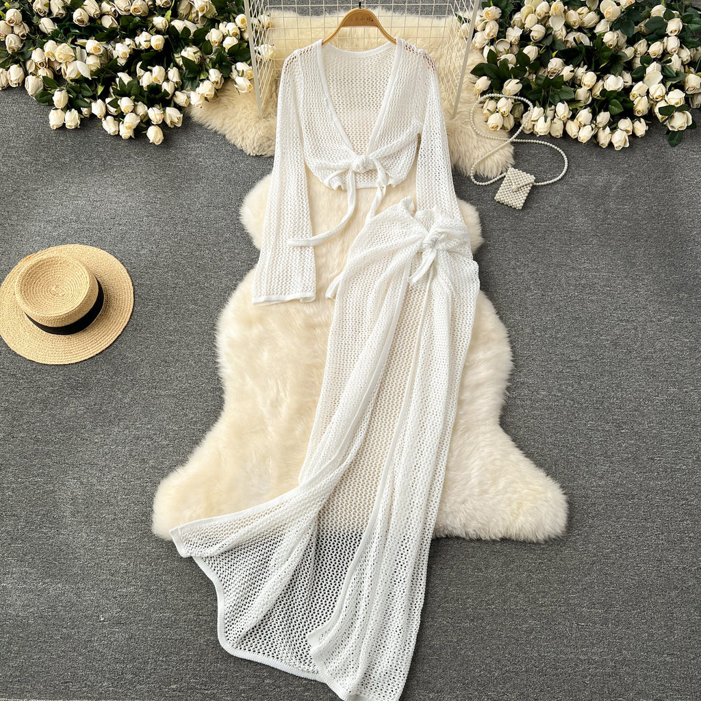 V-neck Knitwear&Skirt Hollowed 2Pcs