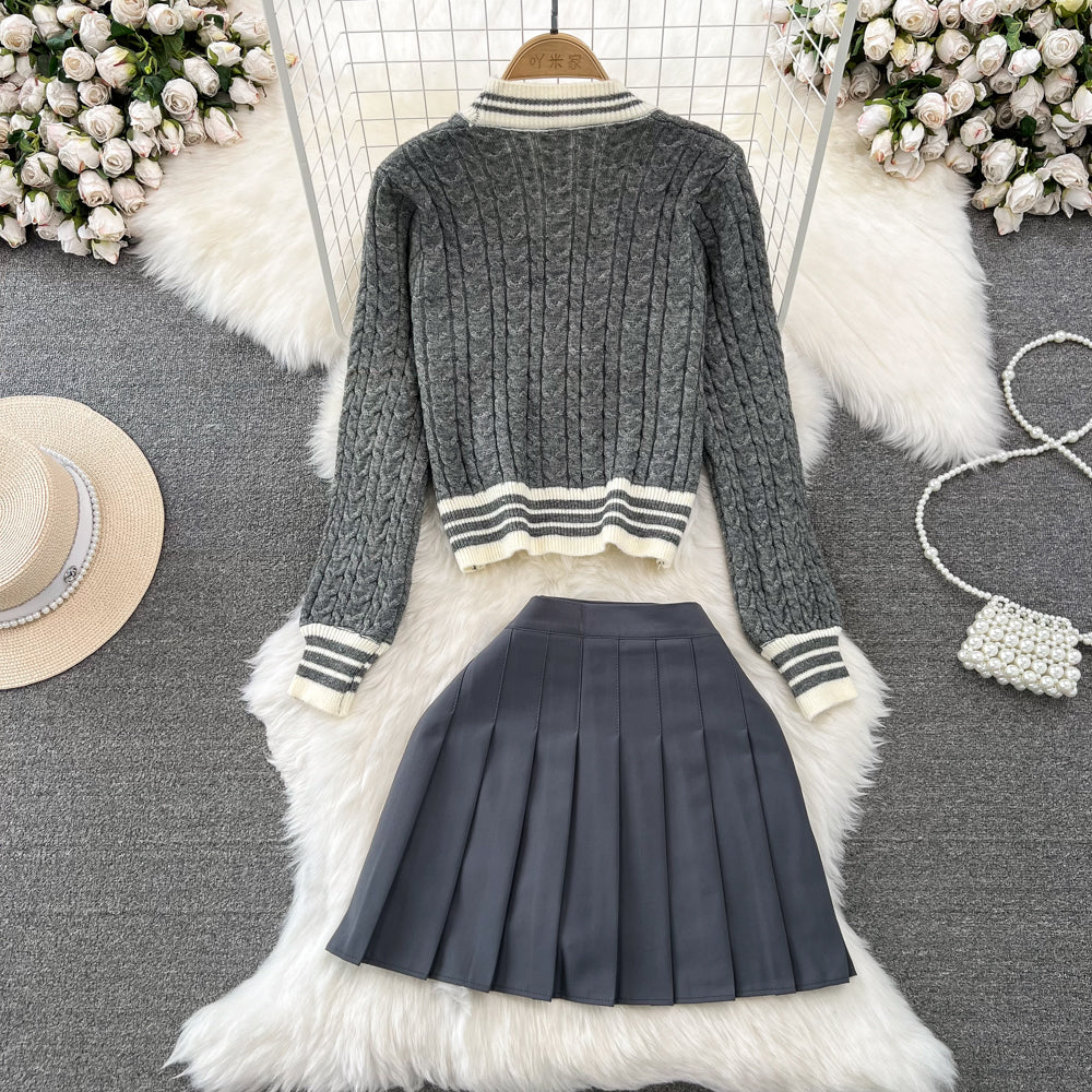 Twisted Cardigan&Pleated Skirt 2Pcs