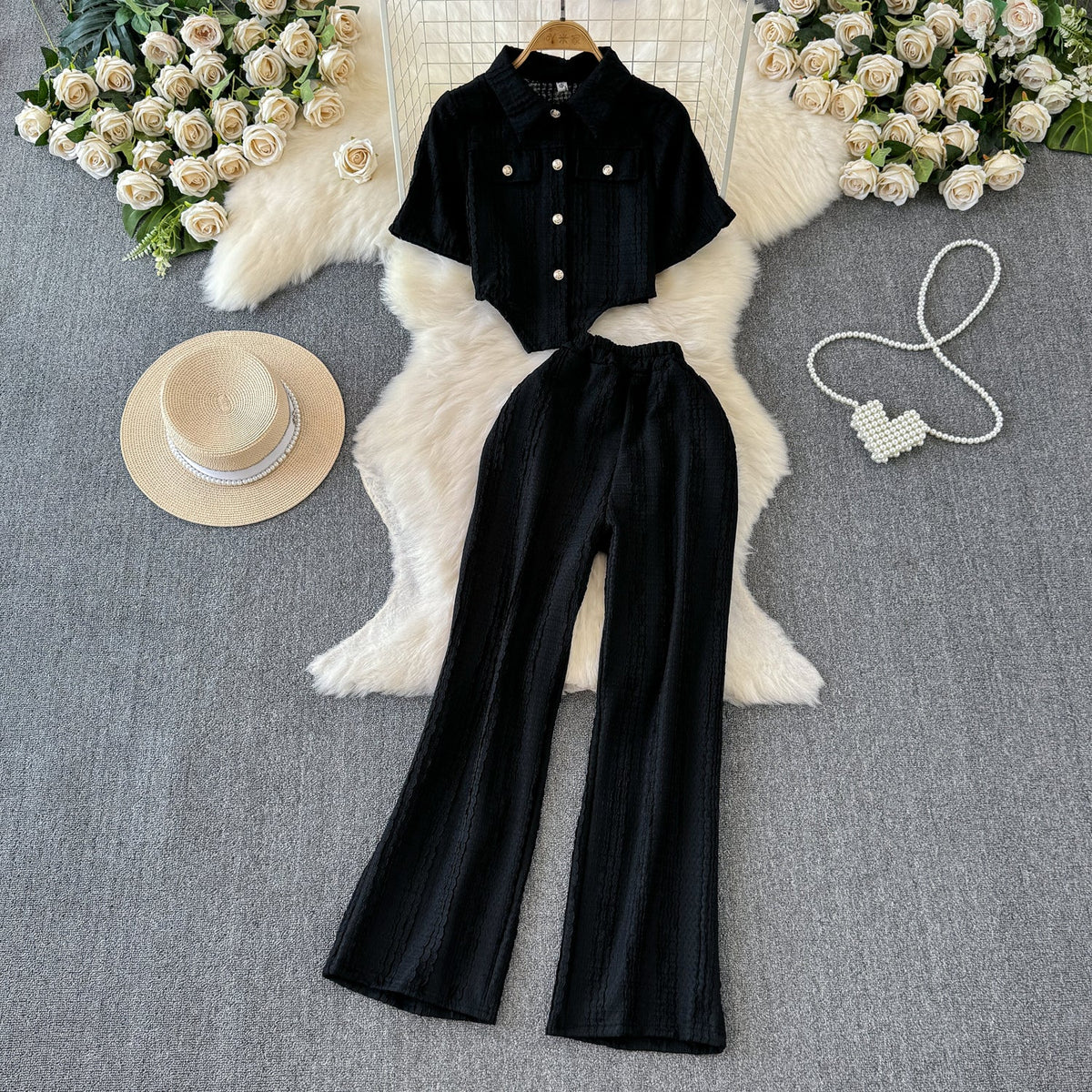 Niche Shirt&Wide-leg Trousers 2Pcs