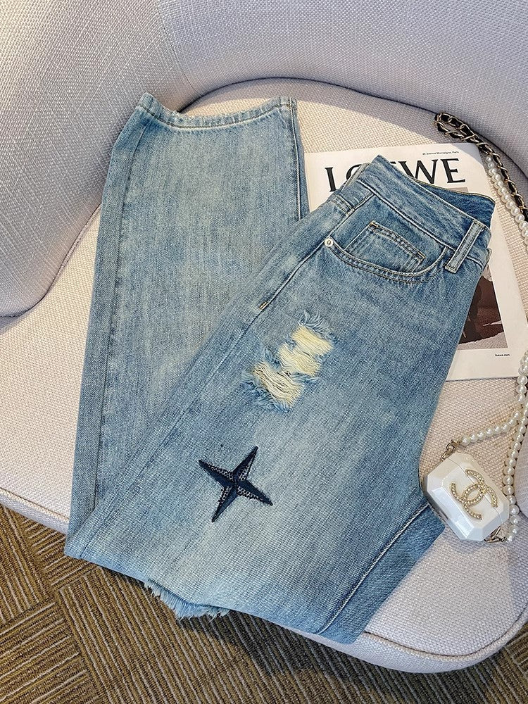 Vintage Star Embroidered Ripped Jeans