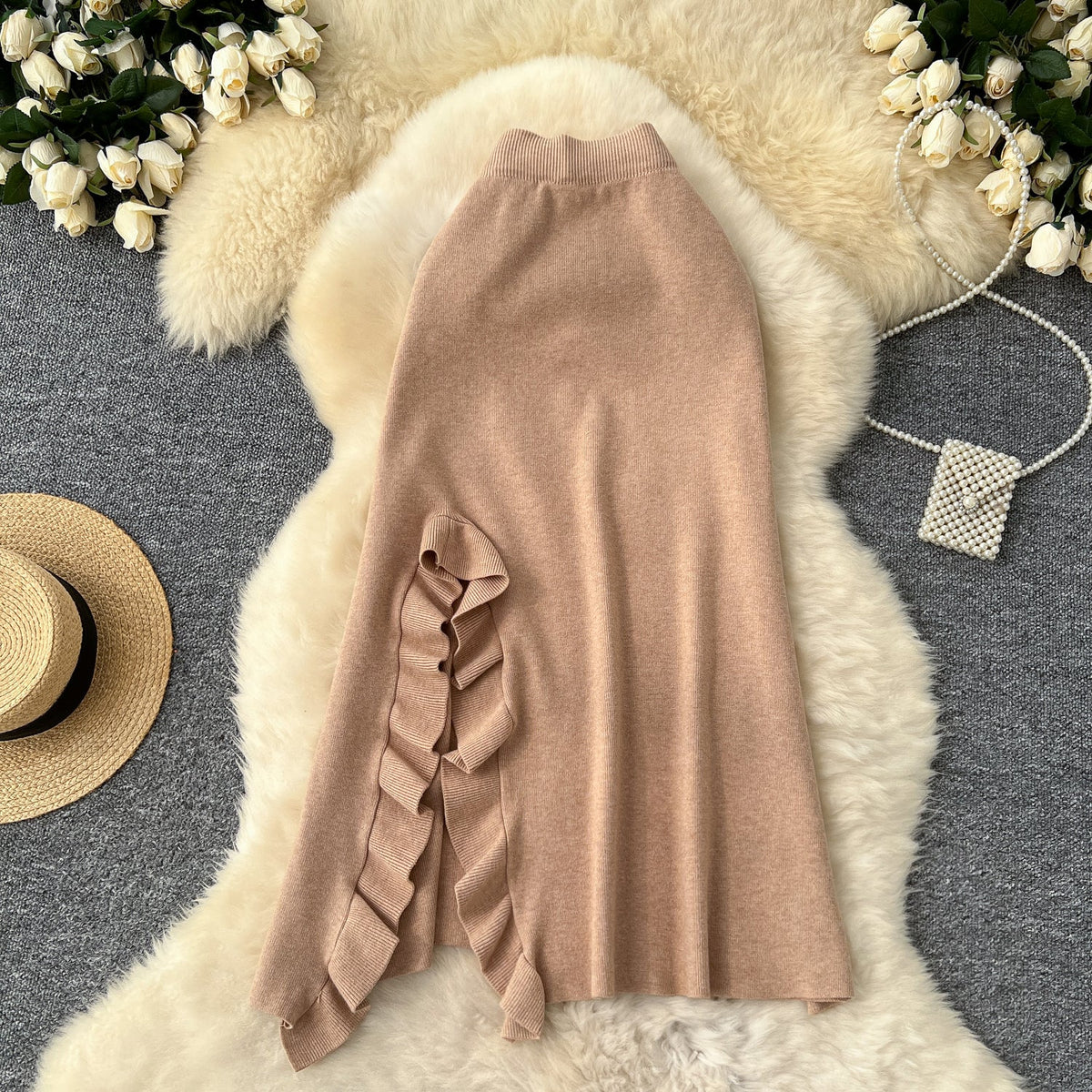 Solid Color Ruffled Knitted Skirt