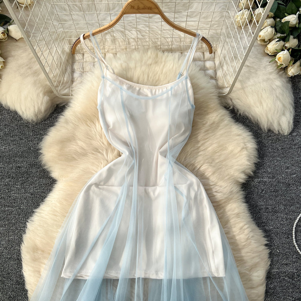 Blue Mesh Outwear & Slip Dress 2Pcs