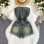 Chic Off-shoulder Sequined Denim Romper