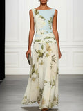Sleeveless Boat Neck Floral Print Waistband Maxi Dress