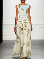 Sleeveless Boat Neck Floral Print Waistband Maxi Dress