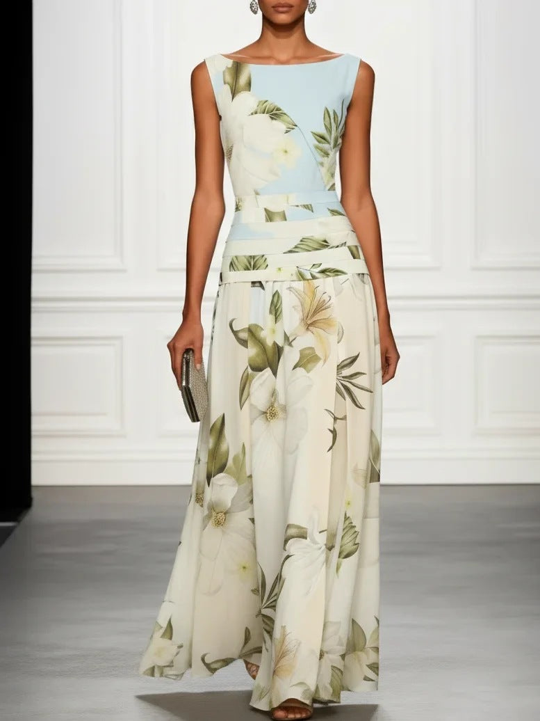 Sleeveless Boat Neck Floral Print Waistband Maxi Dress