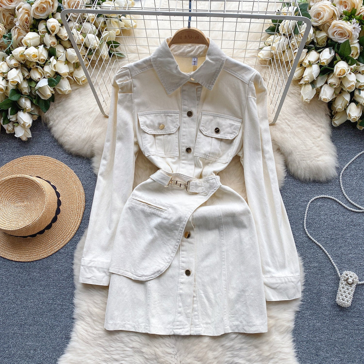 Vintage Candy Color Denim Shirt Dress