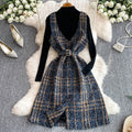 Black Sweater & Plaid Tweed Dress 2Pcs